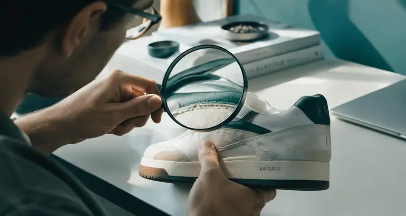 Person inspecting a sneaker with a magnifying glass to check if it is authentic