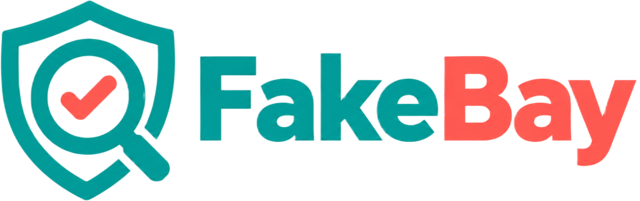 FakeBay logo: a shield with a magnifying glass and check mark